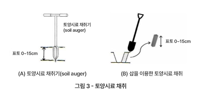 (A) 토양시료 채취기(soil auger) 표토 0~15cm (B) 삽을 이용한 토양시료 채취 표토 0~15cm, 그림 3 - 토양시료 채취