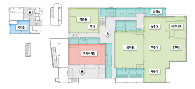 지상 1층에는 커피숍, 백조홀, 무대, 국제회의장, 웅부홀, 분장실, 측무대, 주무대, 하역데크, 후무대가 있습니다.