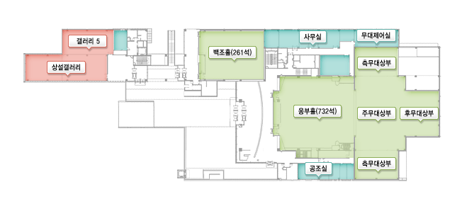지상 2층에는 갤러리5, 상설갤러리, 백조홀(261석), 사무실, 무대제어실, 웅부홀(732석), 측무대상부, 주무대상부, 후무대상부, 공조실이 있습니다.