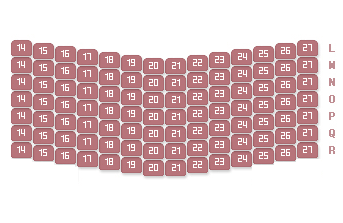 E구역 좌석배치도로 앞에서 부터 L~R열 좌측부터 우측방향으로 14번~27번 좌석이 있습니다.