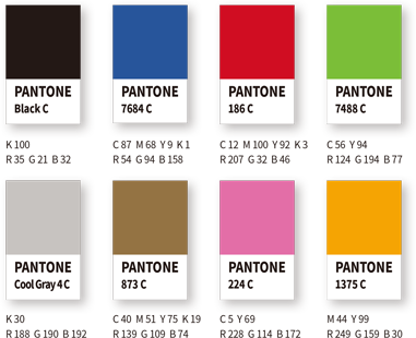 PANTONE Black C - K 100, R 35 G 21 B 32
		 PANTONE 7684 C - C 87, M 68, Y 9, K 1, R 54, G 94, B 158
		 PANTONE 186C - C 12, M 100, Y 92, K 3, R 207, G 32, B 46
		 PANTONE 7488 C - C 56, Y 94
		 PANTONE Cool Gray 4 C - K 30, R 188, G 190, B 192
		 PANTONE 873 C - C 40, M 51, Y 75, K 19, R 139, G 109, B 74
		 PANTONE 224 C - C 5, Y 69, R 228, G 114, B 172
		 PANTONE 1375 C - M 44, Y 99, R 249, G 159, B 30